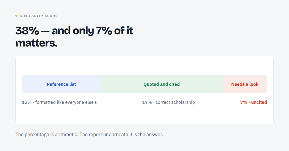 A 38% similarity score split into reference list, quoted and cited material, and the 7% that needs a look